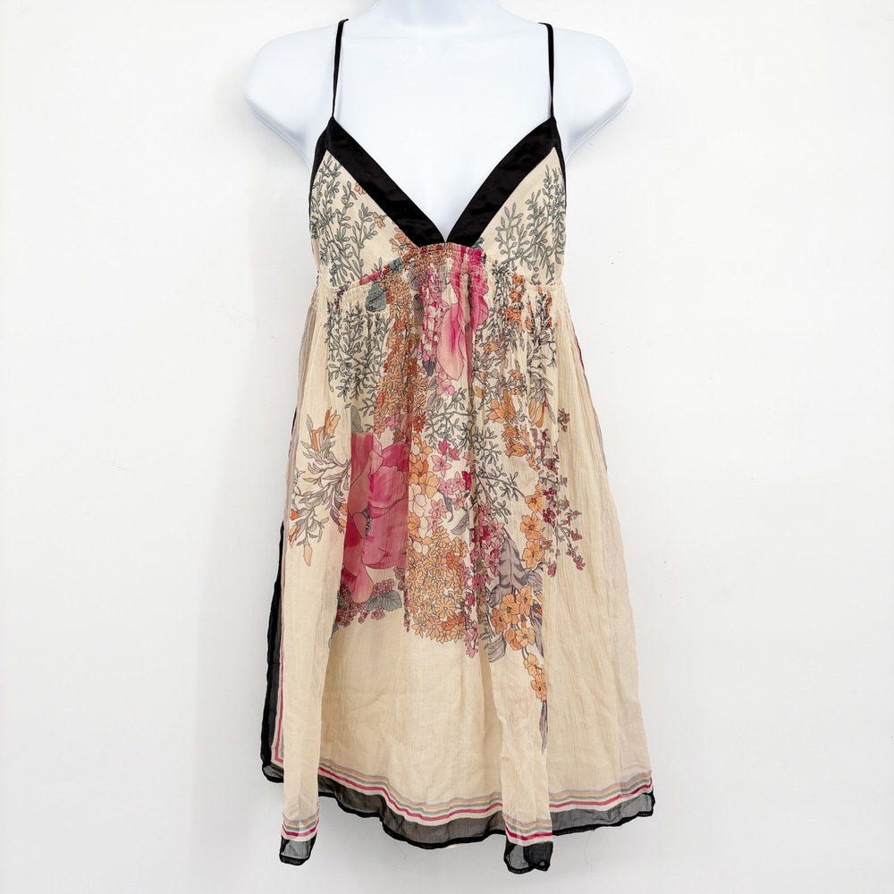 Forever 21 Womens Y2K Silk Floral Smocked Boho Fairycore Babydoll Mini Dress S